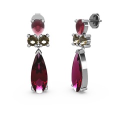 Rodolit garnet, kök yakut ve dumanlı kuvars 18 ayar beyaz altın küpe