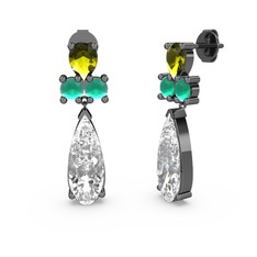 Swarovski, peridot ve kök zümrüt 925 ayar siyah rodyum kaplama gümüş küpe