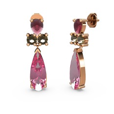 Şana Damla Küpe - Pembe kuvars, kök yakut ve dumanlı kuvars 18 ayar rose altın küpe #j0s3i0