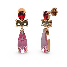 Pembe kuvars, garnet ve dumanlı kuvars 18 ayar rose altın küpe
