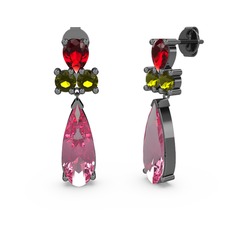 Pembe kuvars, garnet ve peridot 925 ayar siyah rodyum kaplama gümüş küpe