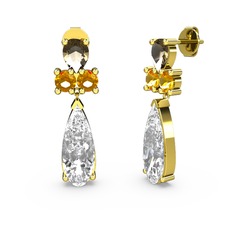 Beyaz zirkon, dumanlı kuvars ve sitrin 8 ayar altın küpe