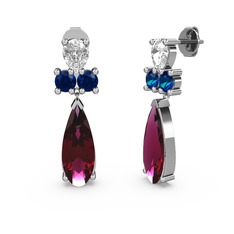 Rodolit garnet, swarovski ve lab safir 18 ayar beyaz altın küpe