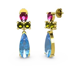 Akuamarin, rodolit garnet ve peridot 18 ayar altın küpe