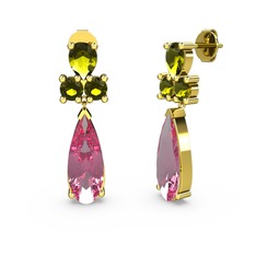 Pembe kuvars ve peridot 14 ayar altın küpe