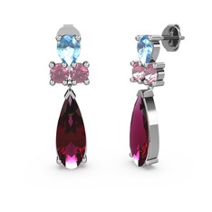 Rodolit garnet, akuamarin ve pembe kuvars 925 ayar gümüş küpe