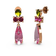 Pembe kuvars, peridot ve rodolit garnet 925 ayar rose altın kaplama gümüş küpe
