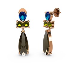 Şana Damla Küpe - Dumanlı kuvars, lab safir ve peridot 14 ayar rose altın küpe #l98szo