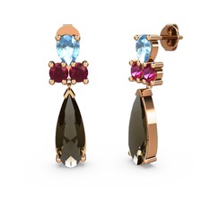 Dumanlı kuvars, akuamarin ve rodolit garnet 18 ayar rose altın küpe
