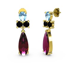 Şana Damla Küpe - Rodolit garnet, akuamarin ve siyah zirkon 18 ayar altın küpe #lmadeh