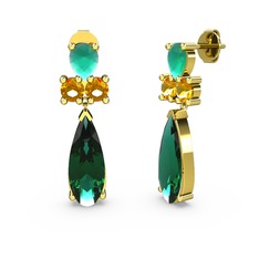 Şana Damla Küpe - Yeşil kuvars, kök zümrüt ve sitrin 18 ayar altın küpe #mamj8x