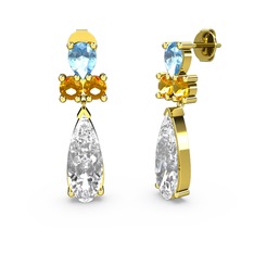 Swarovski, akuamarin ve sitrin 18 ayar altın küpe