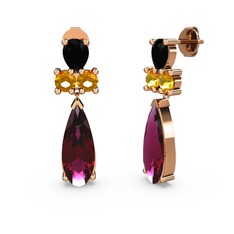 Rodolit garnet, siyah zirkon ve sitrin 8 ayar rose altın küpe