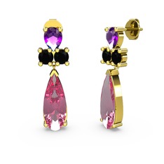 Şana Damla Küpe - Pembe kuvars, ametist ve siyah zirkon 18 ayar altın küpe #mw35gu