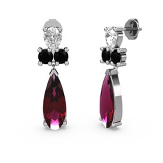 Rodolit garnet, beyaz zirkon ve siyah zirkon 14 ayar beyaz altın küpe