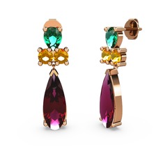 Rodolit garnet, yeşil kuvars ve sitrin 8 ayar rose altın küpe