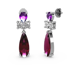 Şana Damla Küpe - Rodolit garnet, ametist ve beyaz zirkon 18 ayar beyaz altın küpe #ngq33g