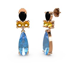 Şana Damla Küpe - Akuamarin, siyah zirkon ve sitrin 14 ayar rose altın küpe #oaww55