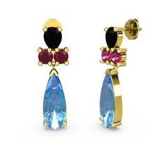 Akuamarin, siyah zirkon ve rodolit garnet 14 ayar altın küpe