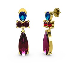 Şana Damla Küpe - Rodolit garnet, lab safir ve garnet 18 ayar altın küpe #oem361