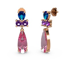 Şana Damla Küpe - Pembe kuvars, lab safir ve ametist 14 ayar rose altın küpe #okc6ld