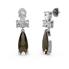 Dumanlı kuvars, swarovski ve beyaz zirkon 14 ayar beyaz altın küpe