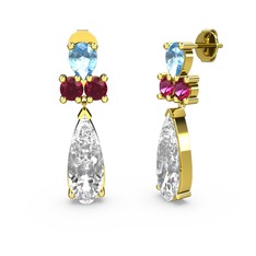 Şana Damla Küpe - Swarovski, akuamarin ve rodolit garnet 8 ayar altın küpe #osoz0h