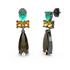 Şana Damla Küpe - Dumanlı kuvars, kök zümrüt ve sitrin 925 ayar siyah rodyum kaplama gümüş küpe #p1ds4t