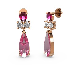 Pembe kuvars, rodolit garnet ve beyaz zirkon 18 ayar rose altın küpe