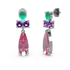 Şana Damla Küpe - Pembe kuvars, kök zümrüt ve ametist 18 ayar beyaz altın küpe #q631ph