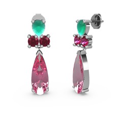 Pembe kuvars, kök zümrüt ve rodolit garnet 8 ayar beyaz altın küpe