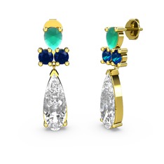 Şana Damla Küpe - Swarovski, kök zümrüt ve lab safir 14 ayar altın küpe #qi3f8a