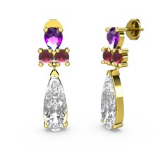 Şana Damla Küpe - Beyaz zirkon, ametist ve kök yakut 18 ayar altın küpe #qxmtp1