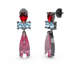 Şana Damla Küpe - Pembe kuvars, garnet ve akuamarin 925 ayar siyah rodyum kaplama gümüş küpe #r0np0r