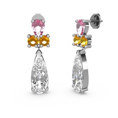 Swarovski, pembe kuvars ve sitrin 8 ayar beyaz altın küpe