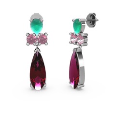 Rodolit garnet, kök zümrüt ve pembe kuvars 14 ayar beyaz altın küpe