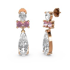 Beyaz zirkon, swarovski ve pembe kuvars 925 ayar rose altın kaplama gümüş küpe