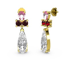 Beyaz zirkon, pembe kuvars ve garnet 14 ayar altın küpe