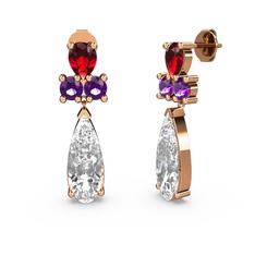 Beyaz zirkon, garnet ve ametist 8 ayar rose altın küpe