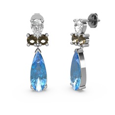 Akuamarin, beyaz zirkon ve dumanlı kuvars 18 ayar beyaz altın küpe