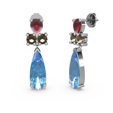 Akuamarin, kök yakut ve dumanlı kuvars 18 ayar beyaz altın küpe