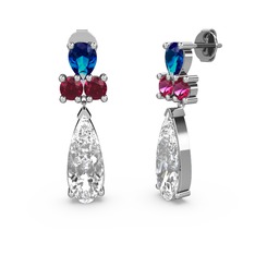 Swarovski, lab safir ve rodolit garnet 18 ayar beyaz altın küpe