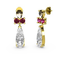 Swarovski, dumanlı kuvars ve rodolit garnet 8 ayar altın küpe