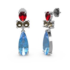 Akuamarin, garnet ve dumanlı kuvars 18 ayar beyaz altın küpe