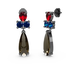 Dumanlı kuvars, garnet ve lab safir 925 ayar siyah rodyum kaplama gümüş küpe