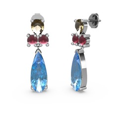 Şana Damla Küpe - Akuamarin, dumanlı kuvars ve kök yakut 14 ayar beyaz altın küpe #ubvwn