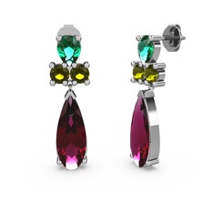 Rodolit garnet, yeşil kuvars ve peridot 8 ayar beyaz altın küpe