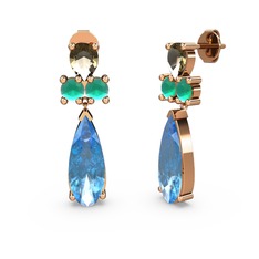 Akuamarin, dumanlı kuvars ve kök zümrüt 14 ayar rose altın küpe