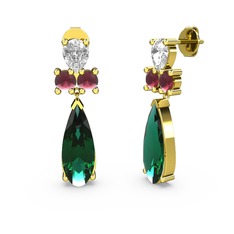 Şana Damla Küpe - Yeşil kuvars, swarovski ve kök yakut 8 ayar altın küpe #v4wiah
