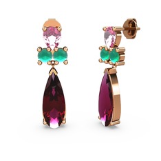 Rodolit garnet, pembe kuvars ve kök zümrüt 18 ayar rose altın küpe